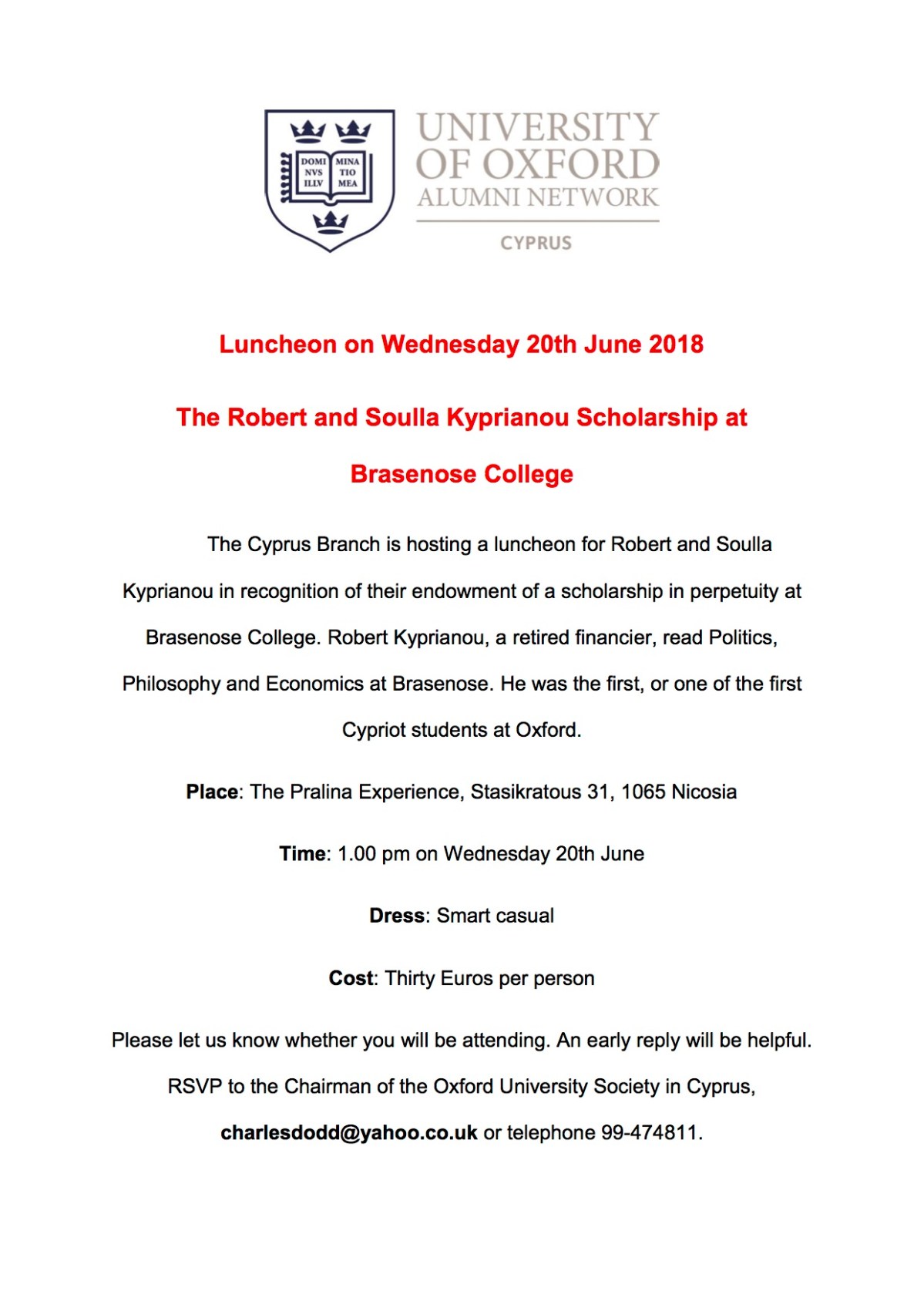 New Event: Luncheon with Robert and Soulla Kyprianou&nbsp;(20/6)